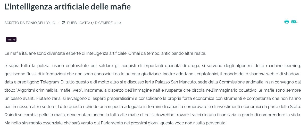 #Mosaicodeigiorni L'INTELLIGENZA ARTIFICIALE DELLE MAFIE Usano criptovalute, machine learning, criptofonini, shadow-web e  shadow-data e prediligono Telegram. mosaicodipace.it/index.php/rubr… <a href="/maurobiani/">Mauro Biani</a> <a href="/donmarcelloc/">Don Marcello Cozzi</a> <a href="/liberainfo/">Libera Informazione</a> <a href="/antimafia2000/">ANTIMAFIADuemila</a> <a href="/PdMiAntimafia/">LegalitAntimafiaPdMi</a> <a href="/nelloscavo/">nello scavo</a> <a href="/antoniomariamir/">antonio maria mira</a>