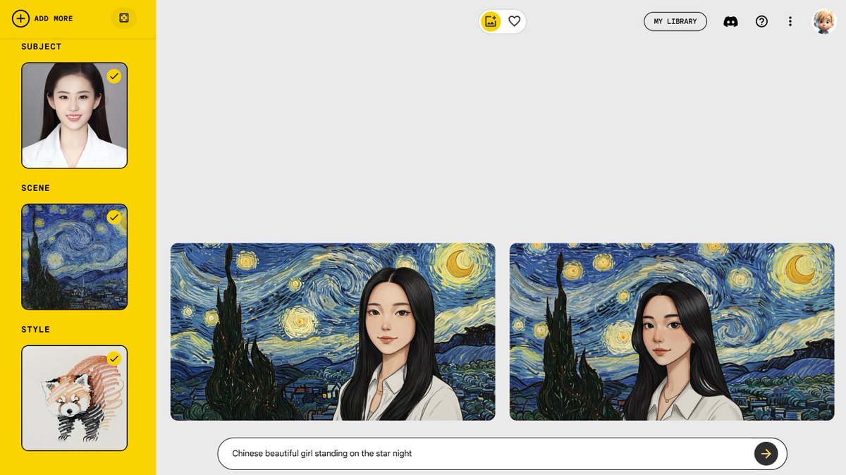 谷歌出的Whisk还挺好玩，背后基于的是Gemini根据图片生成描述，然后再用Imagen  3生成图片，可以把主体、场景、风格整合到一张图片中。不具备保持角色一致的能力，只是能识别主体是什么。 使用 地址：https://t.co/9SSVWlGzUQ