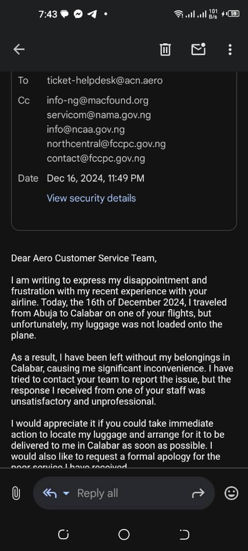 GreizUkpe's tweet photo. I have sent e-mails and I am yet to get a response. Dear @aerocontractors @callyair when will my luggage return to me? Why have I not gotten a message or a call yet? 

#opay
#IndustryGirl 
#iniedo https://t.co/Bm430EG07W