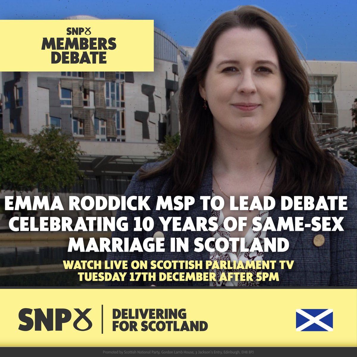 🏳️‍🌈 This afternoon, <a href="/EmmaRoddickSNP/">Emma Roddick MSP</a> will lead a Members’ debate celebrating 10 years of same-sex marriage in Scotland. 

👏🏻 Since equal marriage was introduced, there has been over 10,000 same-sex marriages in Scotland! 

🎥 Watch live here after 5pm:  scottishparliament.tv