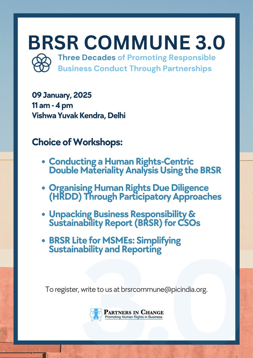 We’re excited to announce 4 parallel workshops at #BRSRCommune 3.0, on key topics on #BHR, which will provide practical insights on advancing responsible business practices and ensuring a #JustTransition for all.
📅January 9, 2025
🕒11 AM - 4 PM

Register:lnkd.in/gScbWM-4