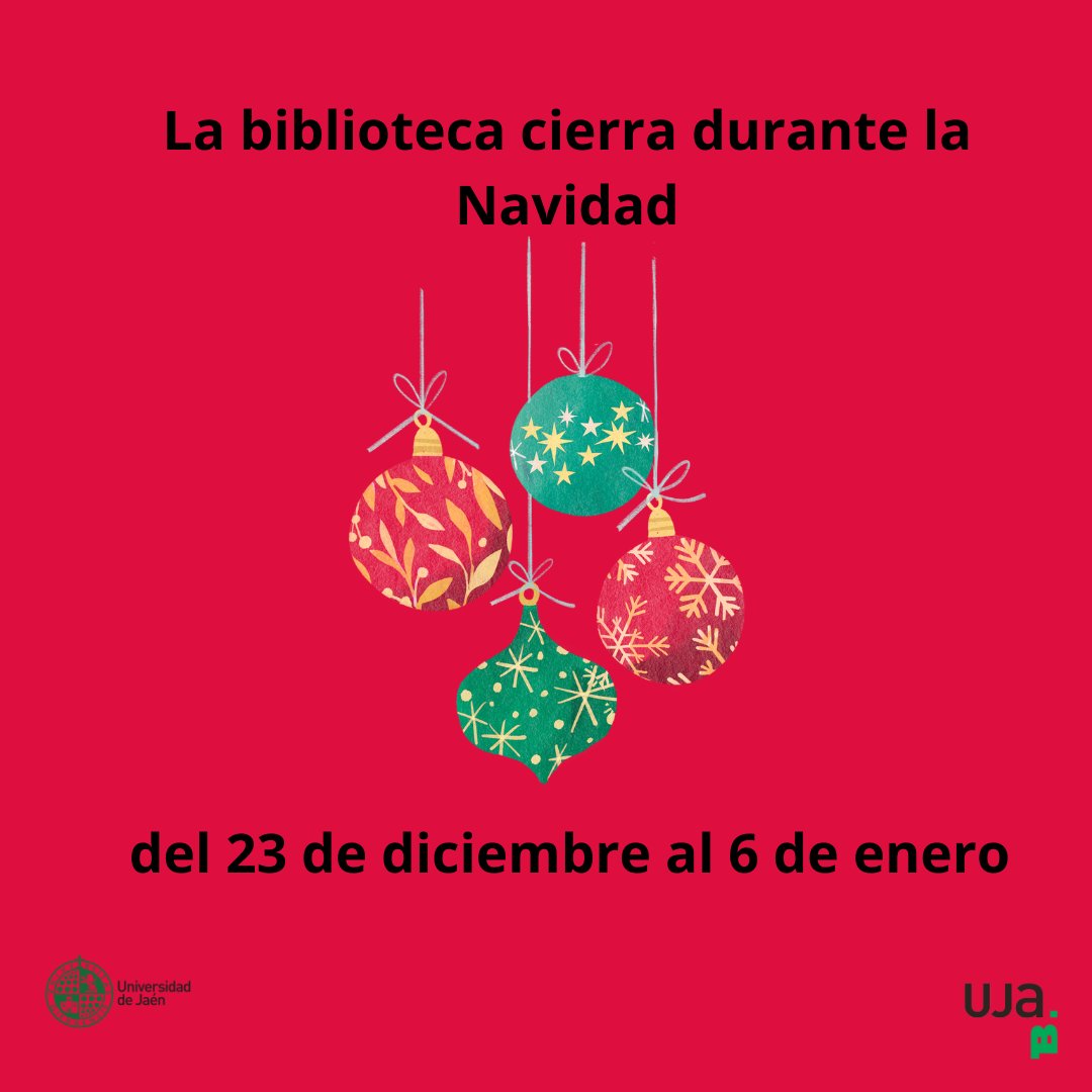 Se van acercando las celebraciones 🎄 y  queremos contaros que la biblioteca va a cerrar estos días: del 23 al 6. Los que queráis venir a estudiar seguís teniendo las salas de estudio casi todos los días, menos 25 y 1. A todos os deseamos descanso, diversión y feliz Navidad.