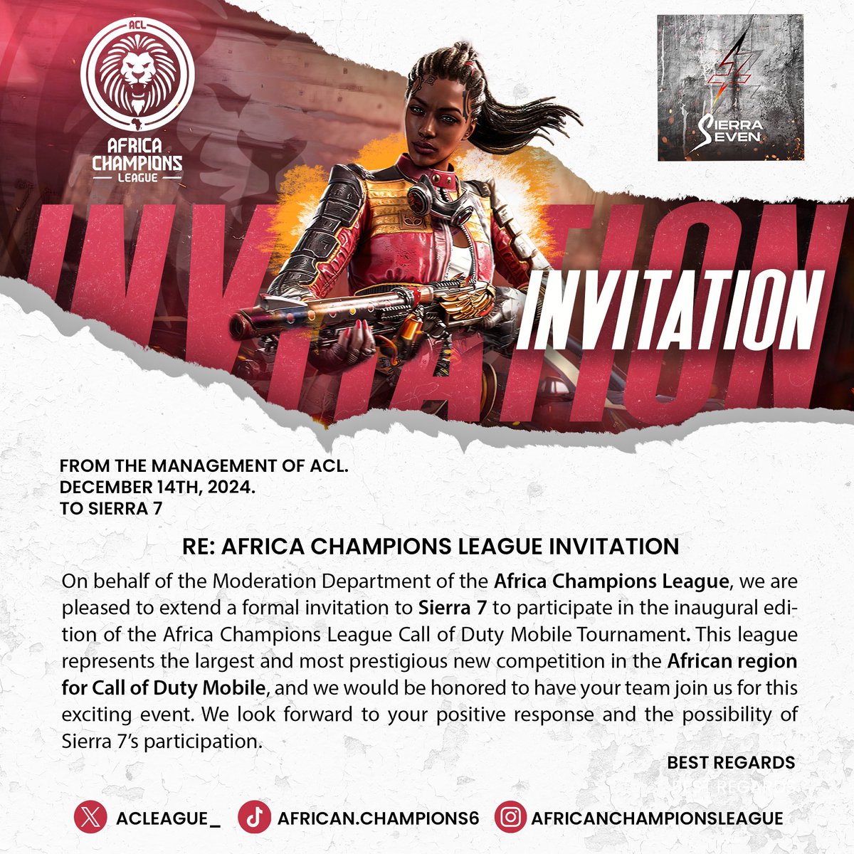 Thank you for inviting Sierra 7 to participate in the upcoming Africa Champions League hosted by <a href="/Acleague_/">Africa Champions League (ACL)</a> . We are thrilled to confirm our acceptance of the invitation.

We look forward to being part of this incredible event!

𝙑𝙞𝙣𝙘𝙞𝙩 𝙦𝙪𝙞 𝙨𝙚 𝙫𝙞𝙣𝙘𝙞𝙩 🔥🔥