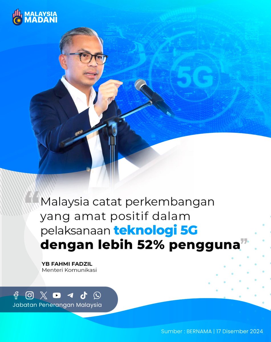 JPenerangan's tweet photo. Menteri Komunikasi, YB Fahmi Fadzil menyatakan bahawa peningkatan ini adalah signifikan berbanding tahun lepas, menunjukkan usaha berterusan semua pihak dalam memperkukuh infrastruktur digital negara.

#MalaysiaMADANI
#TaatSetia
#JabatanPenerangan https://t.co/3oVluPTAxg