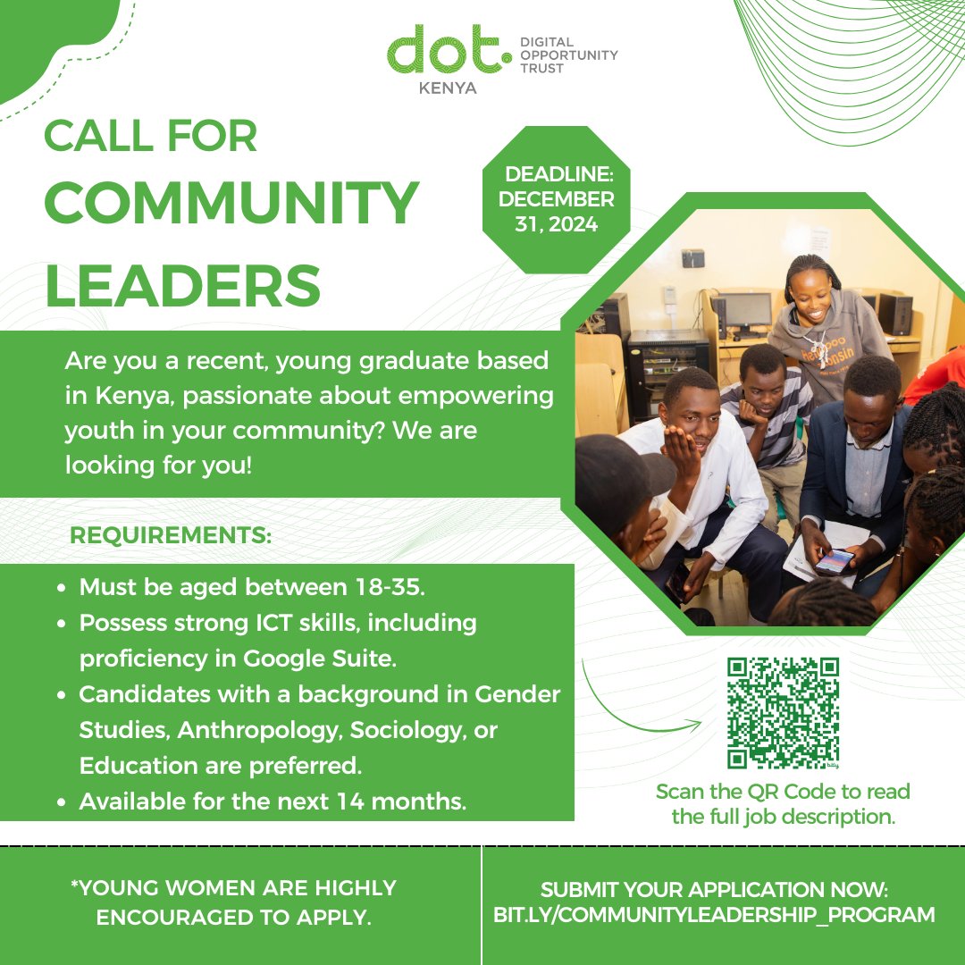DOT Kenya (@dotkenya) on Twitter photo ๐จ๐๐๐๐๐๐๐๐๐๐๐ ๐๐๐๐๐! ๐จ
DOT Kenya is inviting youth to apply for the Community Leadership Programโa 1-year initiative to gain skills, experience & create impact in your community.
๐ Deadline: Dec 31, 2024
๐ Apply now: bit.ly/CommunityLeadeโฆ
#DOTYouth ๐จ๐๐๐๐๐๐๐๐๐๐๐ ๐๐๐๐๐! ๐จ
DOT Kenya is inviting youth to apply for the Community Leadership Programโa 1-year initiative to gain skills, experience & create impact in your community.
๐ Deadline: Dec 31, 2024
๐ Apply now: bit.ly/CommunityLeadeโฆ
#DOTYouth