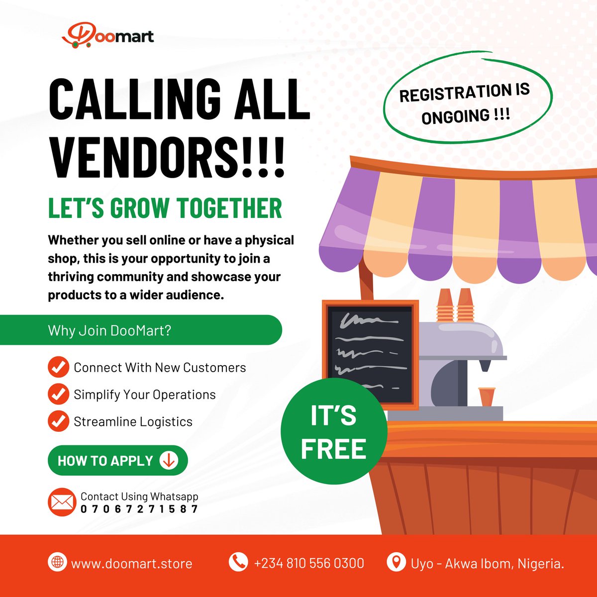 DoomartNG's tweet photo. 🚨 Attention Vendors! 🚨
Calabar &amp; Uyo
Are you ready to grow your business and literally make millions?  

Doomart is giving 150 vendors the ultimate opportunity to do so. 

Chat 0706 727 1587 on Whatsapp to get registered ASAP!!!

#doomart #ecommerceexperience #doomartng #sales https://t.co/yMhl9VbF39