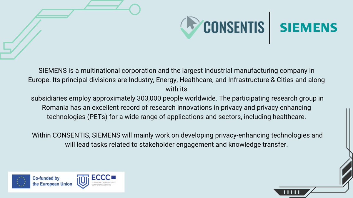 ConsentisEU's tweet photo. 🤝Meeting the CONSENTIS project partners: @Siemens
🔗Find out more about Siemens here: https://t.co/yqPZZ9Wc2I
#CONSENTIS #ECCC #EU #DataPrivacy https://t.co/9Q14zQ4mxZ