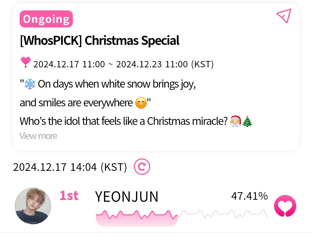 YeonjunChartsx's tweet photo. #YEONJUN is nominated for 'Christmas Special' on Whosfan App!

📆: 23/12/24
⏰️: 11 AM KST https://t.co/yOcXBVNcfd