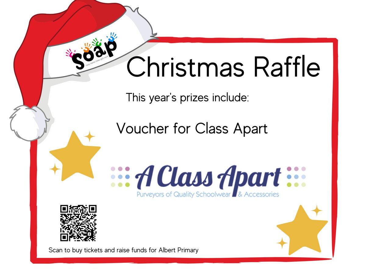 In need of some new school uniform?  <a href="/AClassApart1/">A Class Apart</a>   has kindly donated a voucher to our Christmas raffle.

To be in with a chance to win, get your tickets online - peoplesfundraising.com/raffle/soap-ch…

Join us at <a href="/AlbertPrimary/">Albert Primary</a>  this Thursday for the draw.