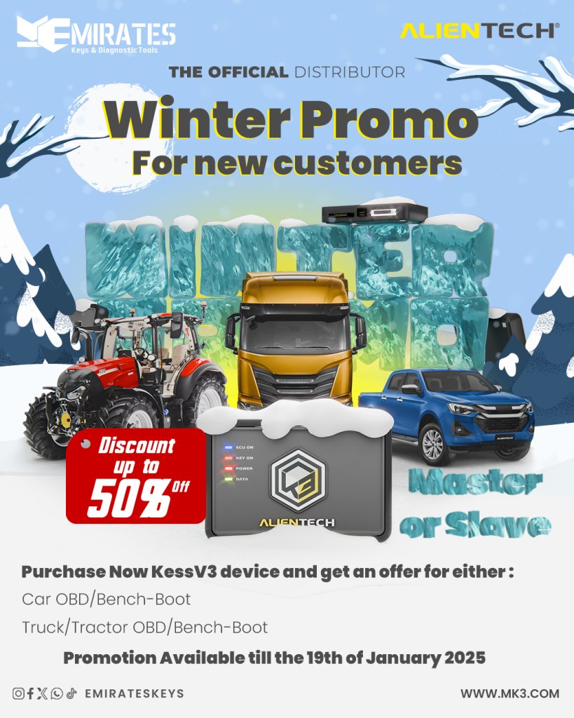📷📷ALIENTECH Kess3 Winter Promo - Master or Slave! 📷📷
📷Discount up to 50% off 📷
🆕 🆕
📷Purchase new KessV3 device and get an offer for either:
📷Car OBD/Bench-Boot
📷📷Truck/Tractor OBD/Bench-Boot
📷Promotion available from 17-12-2024 to 19-01-2025
mk3.com/alientech