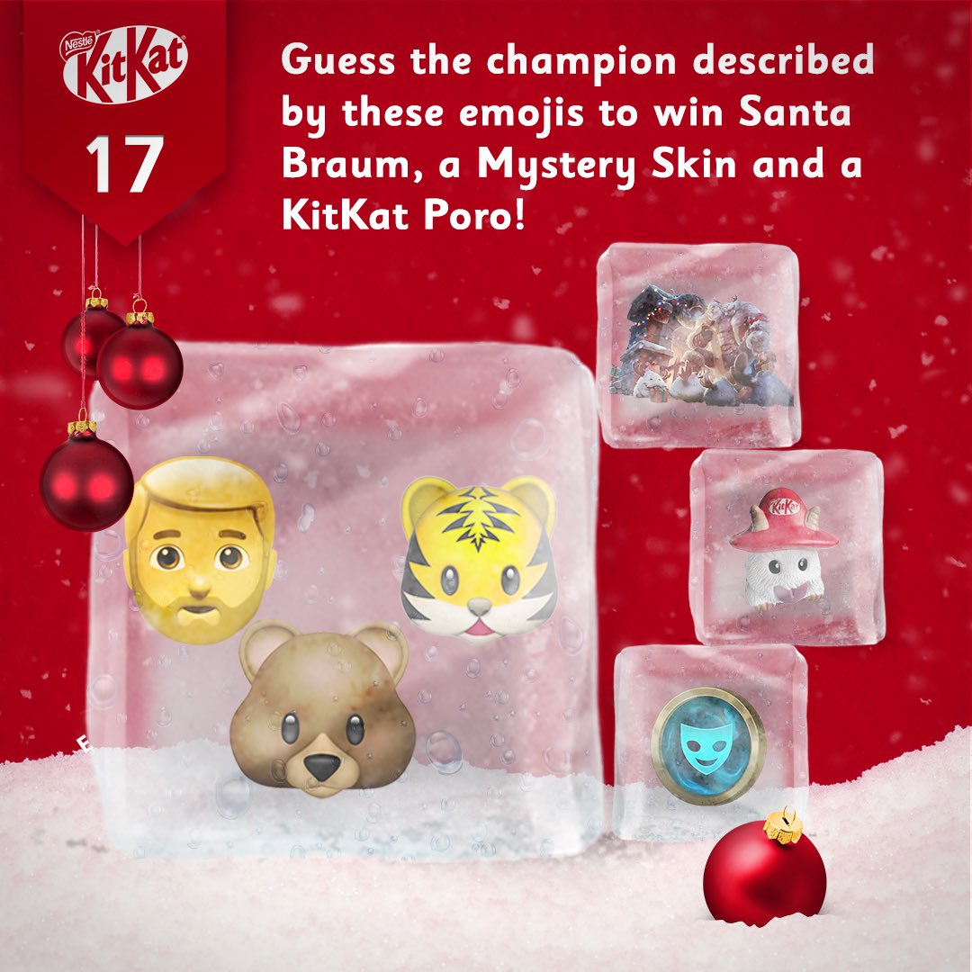 KITKATGaming's tweet photo. Day 17 of Koro’s Snowy Sweepstakes! 🍫

Which champion are we looking for? 👀
 
Comment the solution, follow @KITKATGaming and like &amp; retweet this post to have a chance to win 1x Santa Braum, 1x Mystery Skin and 1x KitKat Poro!!

#SnowySweepstakes #Giveaway https://t.co/XF5jOoevlU