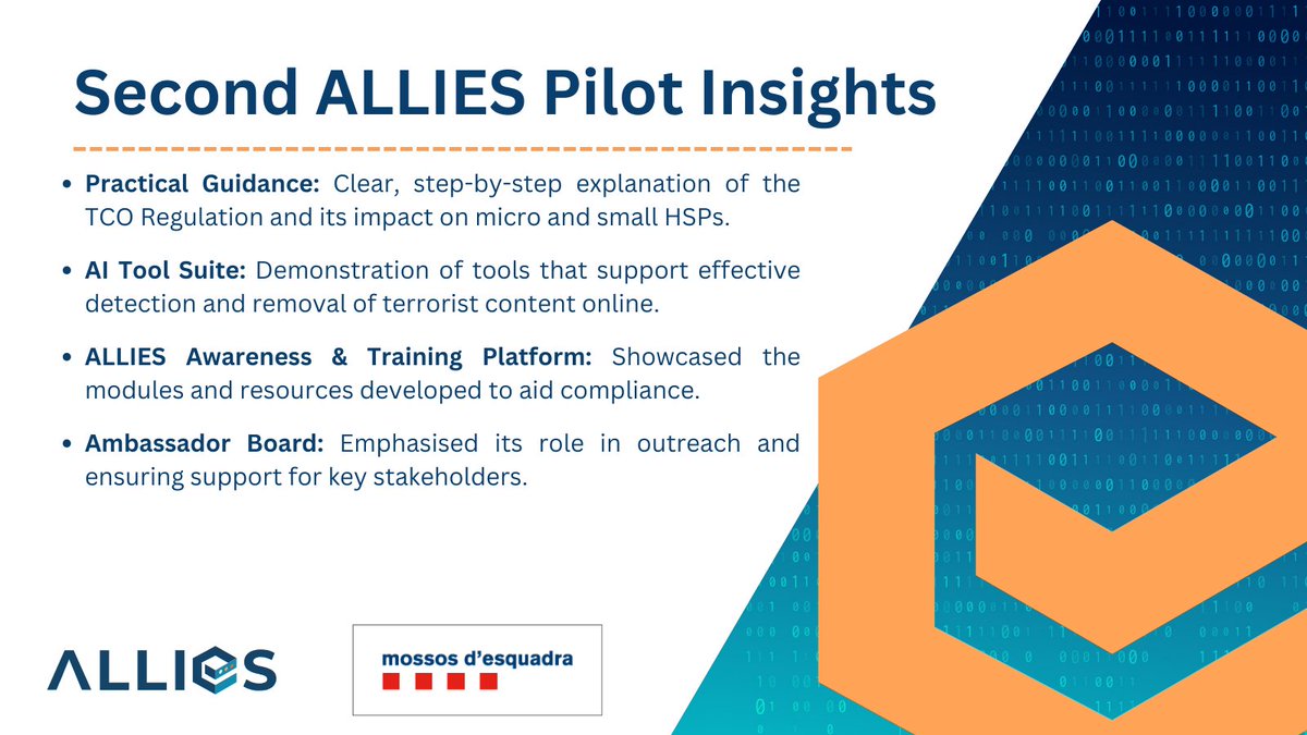 ALLIES_EU's tweet photo. 🚀 Successful 2nd ALLIES Pilot Event!

Last week, we held the 2nd #Pilot #Event in Barcelona as part of the ALLIES EU-Project, focusing on empowering micro and small Hosting Service Providers (#HSPs) to comply with the #TCO #Regulation (EU 2021/784). https://t.co/Mw5bnziX79