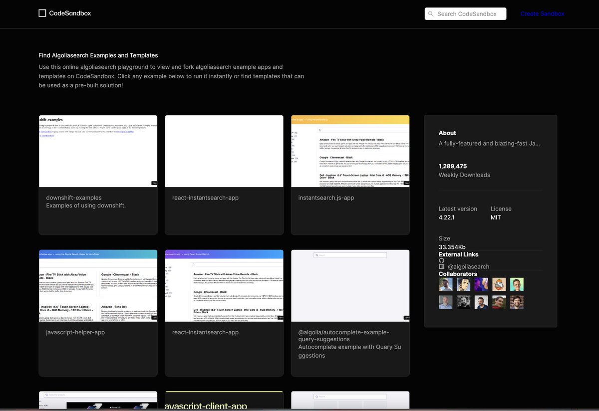 algolia's tweet image. Save some time and get inspired with this @codesandbox&apos;s #InstantSearch collection 😎

ℹ️ You&apos;ll find examples:
- Using our search client
- Different InstantSearch flavours
- E-commerce templates

And you can click &quot;find more&quot; if it&apos;s not enough: bit.ly/3AIvC8N