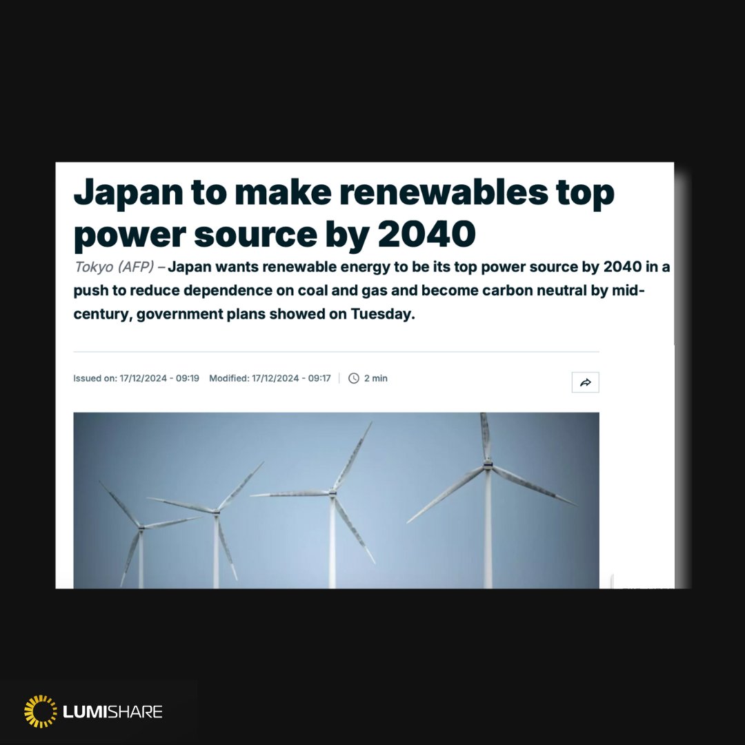Lumishare_Lumi's tweet photo. 🌍 Japan's Big Move Towards Renewables! 🇯🇵

Japan is taking bold steps to make renewable energy its top power source by 2040! 
This commitment is a game-changer for the global shift towards clean energy and sustainable solutions.

At LumiShare, we believe in the power of Real World Assets (RWA) and renewable energy to reshape the future. Let's be part of the movement that drives a greener, brighter tomorrow. 🌱⚡

🔗 Read more here: https://t.co/BcGGrjg2pK

Together, we tokenize the future. 🔗

#LumiShare #RenewableEnergy #Sustainability #CleanFuture #RWA