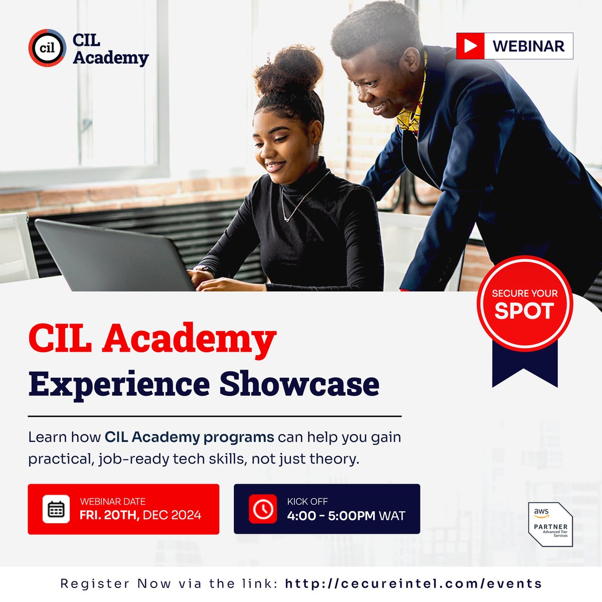 cil_academy's tweet image. Ready to shape your tech career journey?
Join our upcoming webinar, "CIL Academy Experience Showcase," on Friday, 20th December, 2024, at 4 PM (WAT)
Register now: zurl.co/ImMS5
#TechCareers #CILAcademy #TechCertifications #TechSkills #CareerGrowth