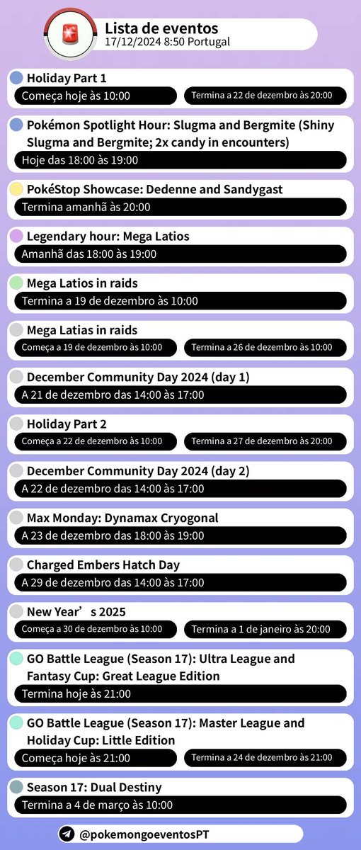 PoGOEventosPT's tweet photo. 🌠 Lista de eventos
17/12/2024 8:50 Portugal

Telegram: https://t.co/6tXL8gPEpJ

#PokemonGO #Evento https://t.co/rF744Dr424