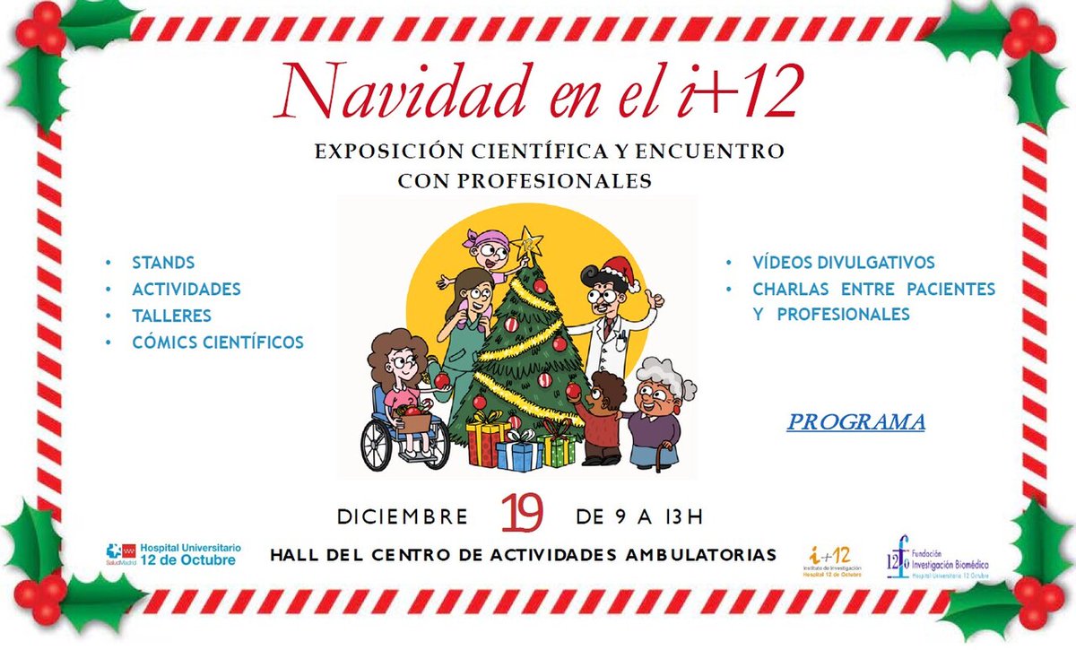 🔬 Celebra la Navidad con el Instituto de Investigación i+12 del #Hospital12deOctubre y pásate por esta exposición el jueves 19 de 9 a 13 horas. 

✅ Además, podrás participar en charlas con profesionales sobre temas científicos del máximo interés. 

No te lo pierdas. #somosdel12