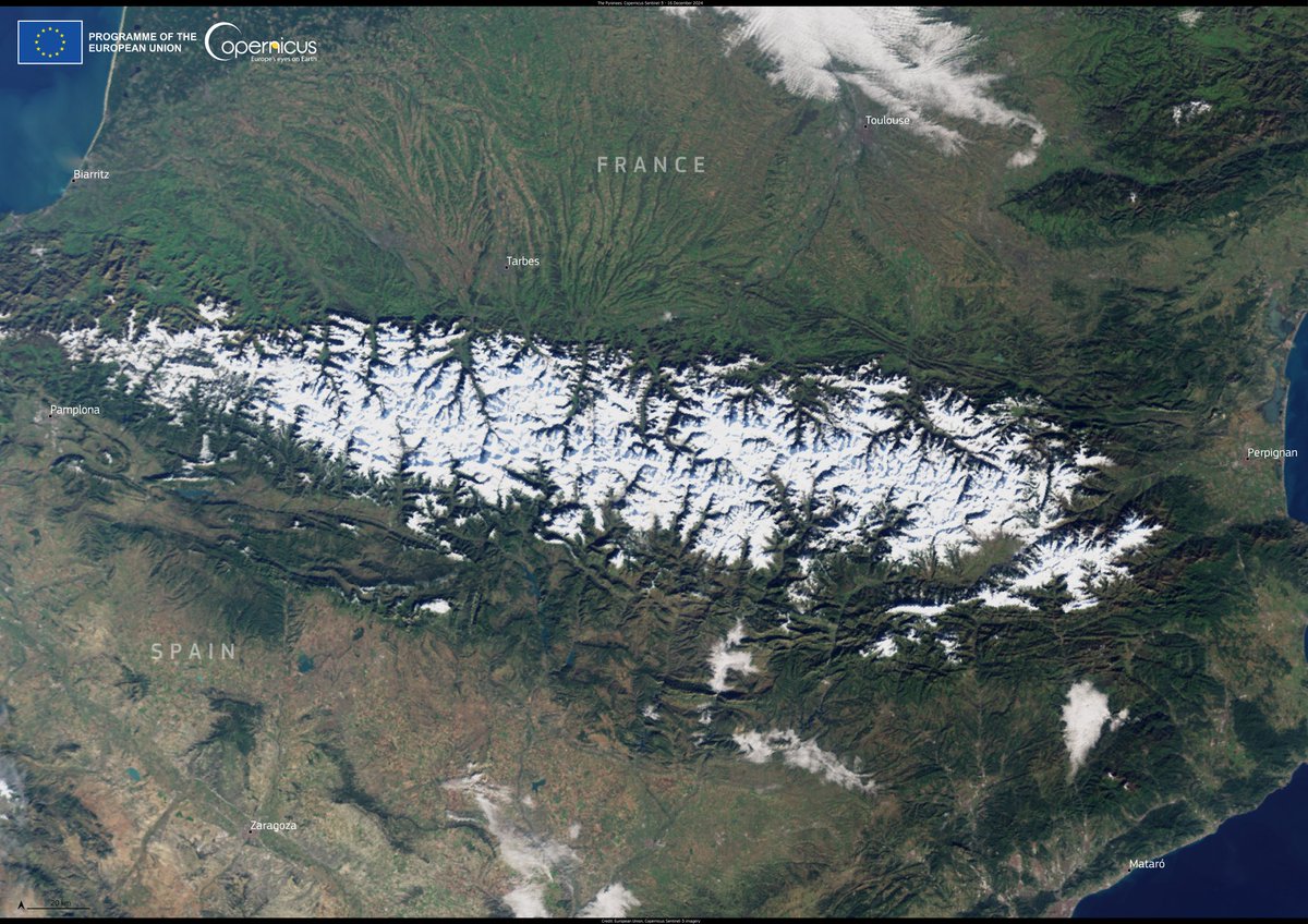 On 15 December 2024, the Pyrenees mountains were hit by an intense snowstorm.

On 16 December, the cloudless skies allowed our #Sentinel3 to acquire a clear view of the snow cover on the Pyrenees.

Find out more:
copernicus.eu/en/media/image…