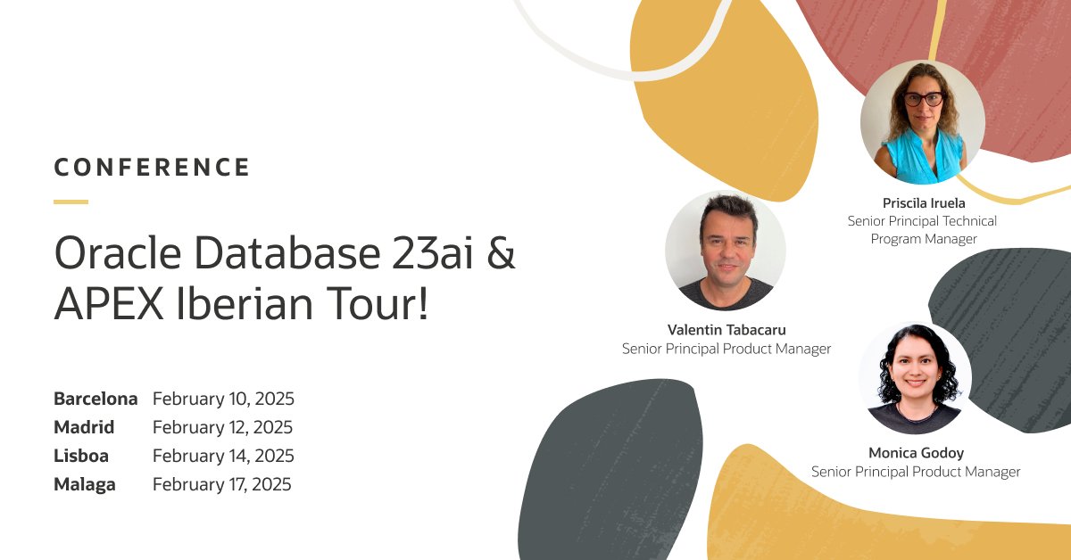 📆 The first-ever Oracle Database 23ai &amp; APEX Iberian Tour is coming to you in February 2025:

Find the nearest city to you and register today:
apex.oracle.com/go/iberian-tou…

Seats are limited!

#orclAPEX #LowCode