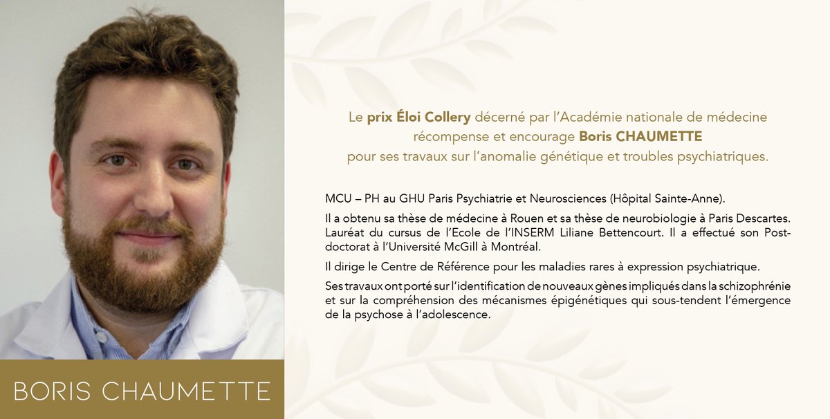 [LAURÉATS 2024]
🏅Félicitations à <a href="/BorisChaumette/">Boris Chaumette</a>, lauréat du prix Éloi Collery pour ses travaux sur l'#anomalie #génétique et #troubles #psychiatriques
#neurosciences #neurobiologie 

🛜 bit.ly/3ZYIAZG
