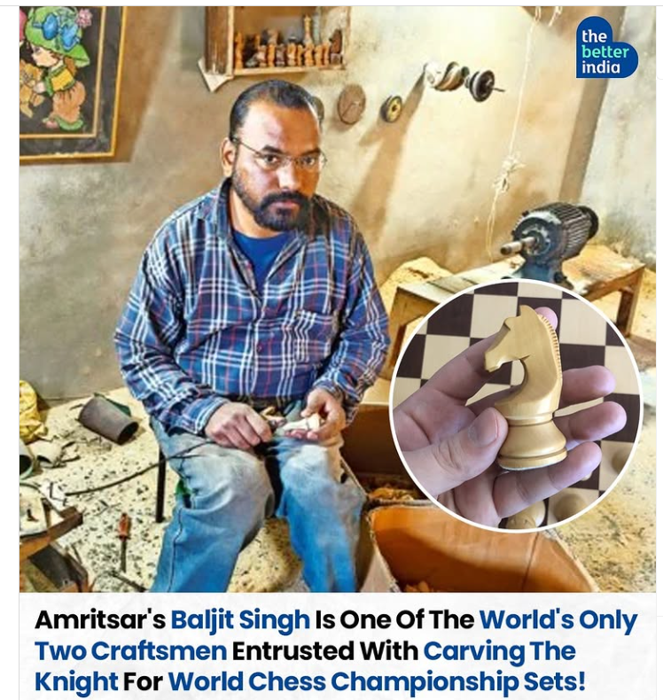 AdityaKalla's tweet photo. "We don't just dominate the chessboard 🧠, we carve it too! 🇮🇳

Amritsar's Baljit Singh is one of only two craftsmen trusted to sculpt the knights for World Chess Championships.

Precision in art, mastery in play!

Courtesy @thebetterindia 

#Chess #PrideOfIndia #Craftsmanship" https://t.co/N25EDxaanW