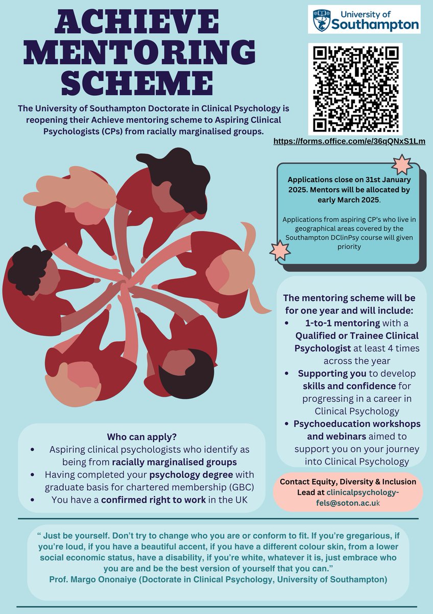 We are excited to re-advertise our Achieve Mentor Scheme! This initiative aims to connect aspiring clinical psychologists from racially marginalised backgrounds with experienced mentors who can provide valuable guidance &amp; support. Please share within your networks.