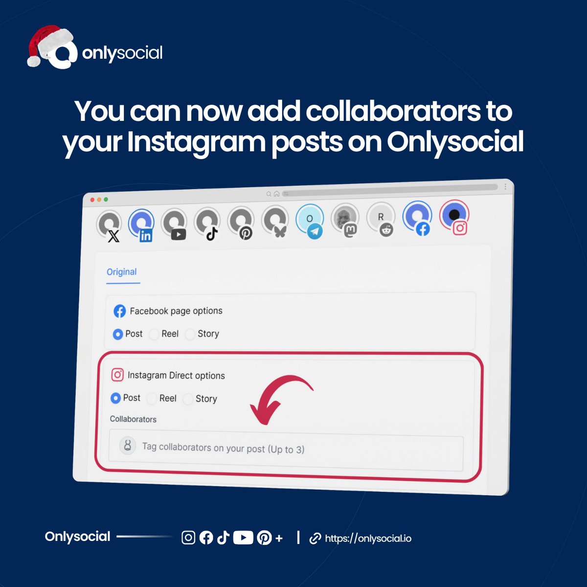 onlysocialhq's tweet photo. Collaboration just got easier! 

🎉 Now you can add collaborators directly to your IG posts using OnlySocial. Double the creativity, double the reach! 🚀✨ 

Join Onlysocial Today!

#OnlySocialFeatures #CollabMagic https://t.co/64RdarPgKB