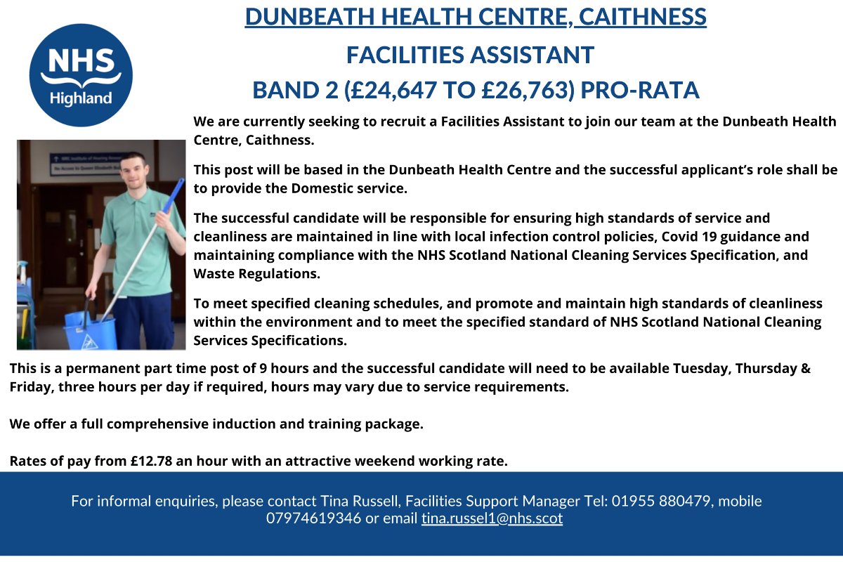 ⭐Facilities Assistant, Dunbeath Health Centre, Caithnessl⭐ 

Closing date:- Sunday 22nd December 2024

Apply here: apply.jobs.scot.nhs.uk/Job/JobDetail?…