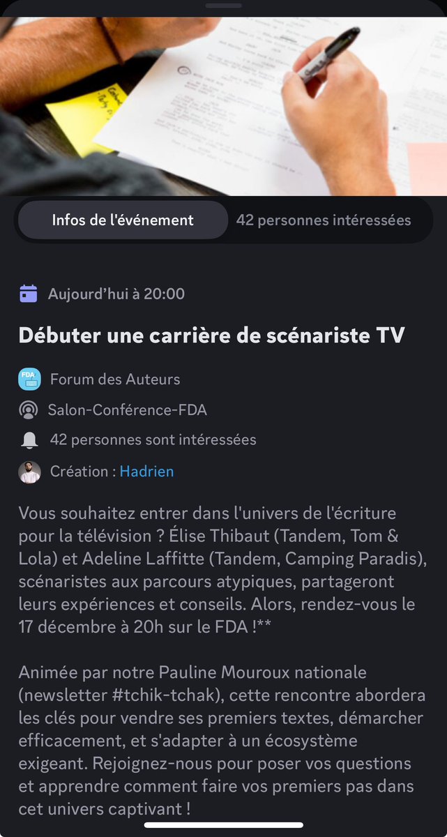 Le Forum des Auteurs, c’est un serveur Discord consacré à l’écriture sous toutes ses formes. Et parfois, on y organise même des événements gratuits comme celui de ce soir, consacré à l’écriture TV.

Pour nous rejoindre, y a juste à cliquer là :
bit.ly/Discord-FDA