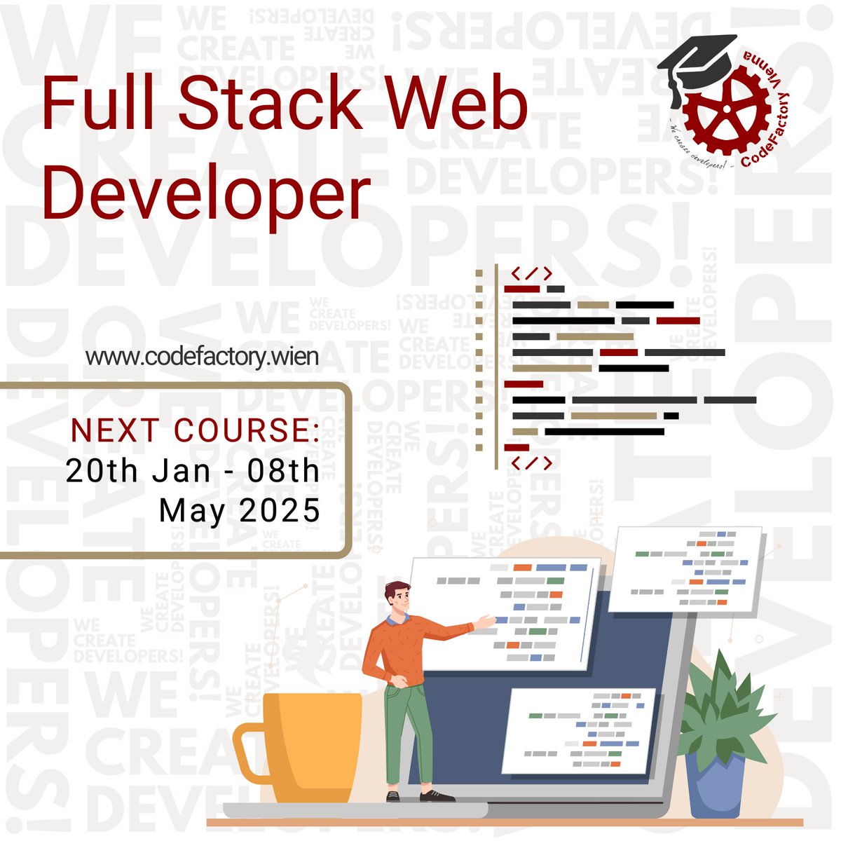 CodeFactoryVIE's tweet image. Become a FULL STACK WEB DEVELOPER in 2025❗
Change your life and start your new career now! 🧑💻
Join the future! 💪🤩
➡️Register now for our upcoming course:
Date: 20th Jan - 08th May 2025
codefactory.wien/courses/course…