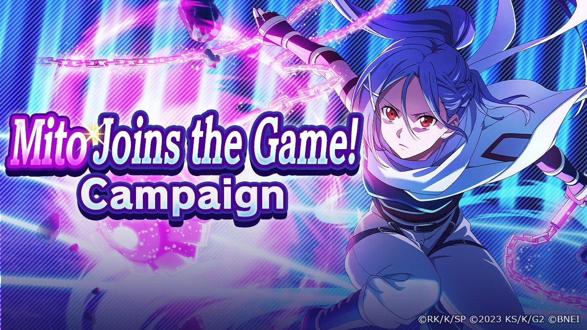 SAOVS_WW's tweet photo. Now On: ""Mito Joins the Game! Campaign""!

Mito is finally coming to #SAOVS!

Log in now to receive a special gift: [Sword Spark] Mito Pickup Scout Ticket x5🎁
Clear the missions to obtain great items!

Availability Period: Until 1/6 4:59 (UTC)

#SAOVS #SAO https://t.co/9P1T7iXfUt
