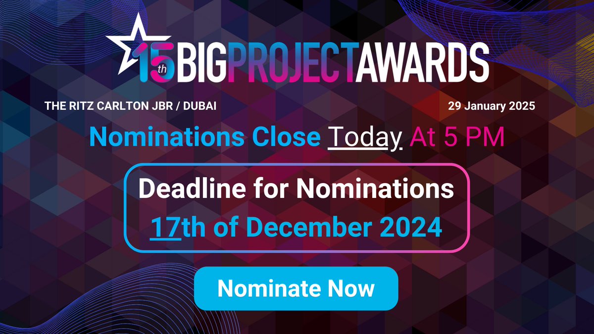 MEConstructionN's tweet image. Nominations for the Big Project Middle East Awards 2025 close TODAY at 5 pm! 

Don&apos;t miss this final opportunity to shine a spotlight on the outstanding achievements in the Middle East&apos;s construction industry.

Nominate here: bigprojectmeawards.com/nominate-now/

#BPMEAwards2025 #BigProjectME