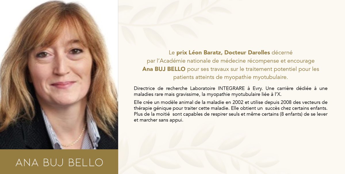 acadmed's tweet image. [LAURÉATS 2024]
🏅Félicitations à Ana BUJ BELLO, lauréate du prix Léon Baratz, Docteur Darolles pour ses travaux sur le #traitement potentiel pour les #patients atteints de #myopathie #myotubulaire

🛜 bit.ly/3ZYIAZG