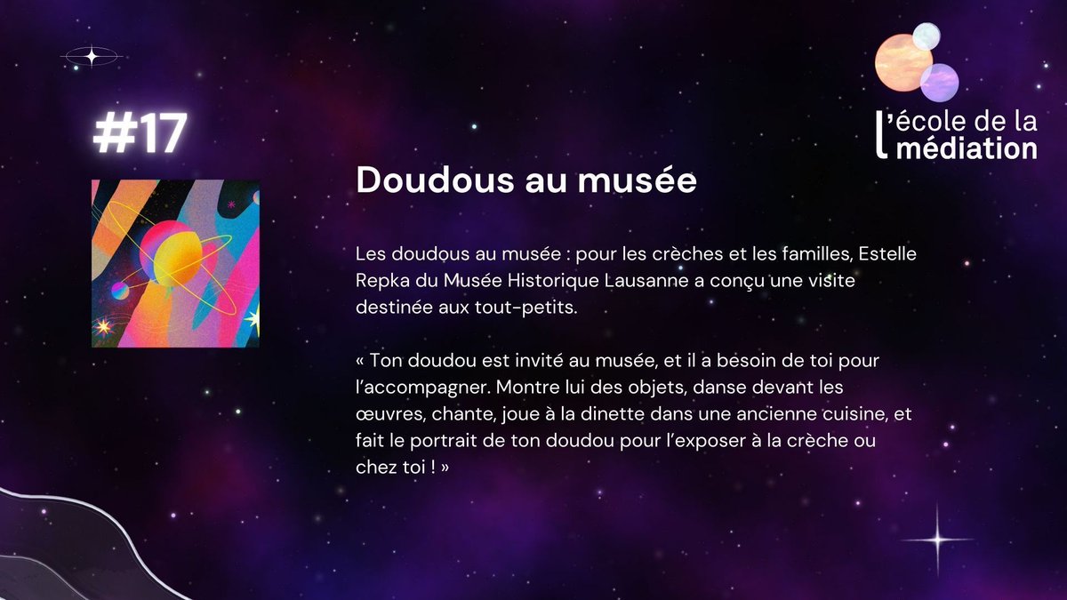 Calendrier de l’avent ''Médiation des #futurspossibles''

𝟭𝟳 𝗱𝗲́𝗰𝗲𝗺𝗯𝗿𝗲 : 𝗱𝗼𝘂𝗱𝗼𝘂𝘀 𝗮𝘂 𝗺𝘂𝘀𝗲́𝗲 🍫 🌟 🐻
👉 buff.ly/3ZhREZF

#calendrierdelavent #décembre