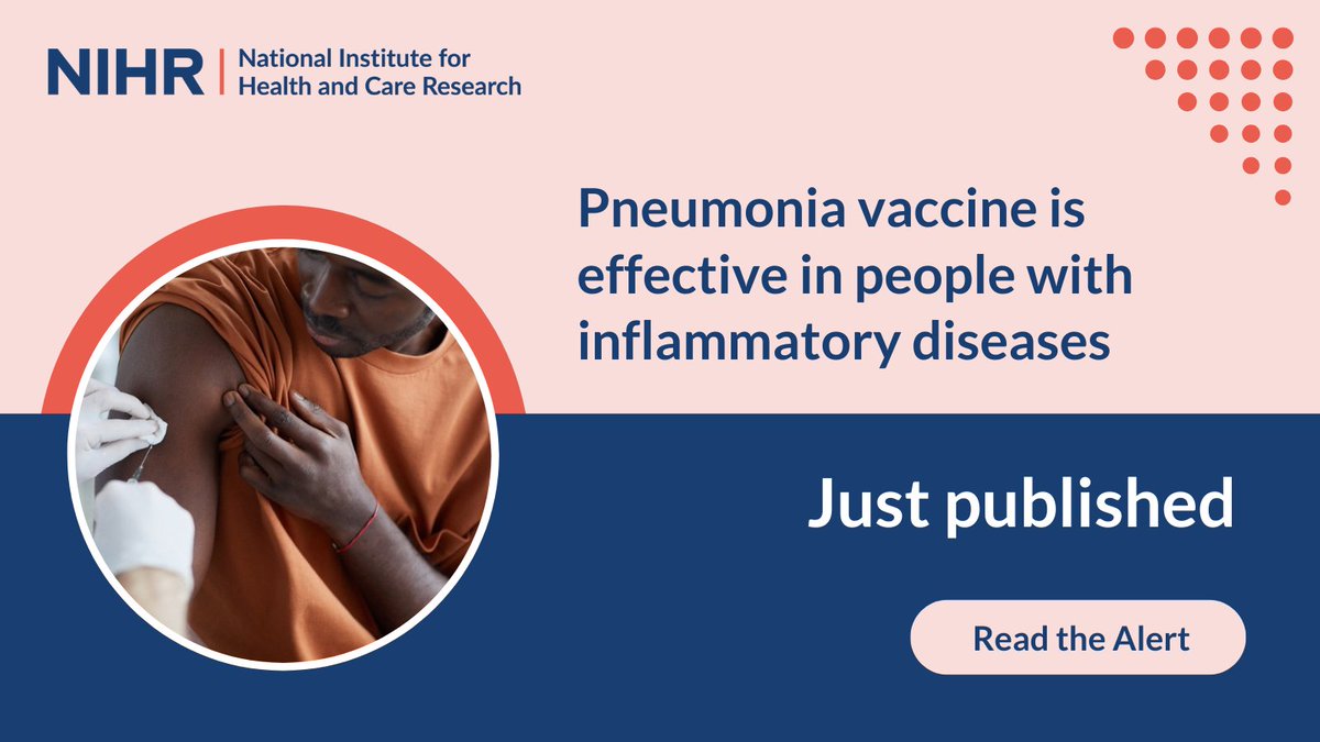 National Institute for Health and Care Research (@nihrresearch) on Twitter photo 💉 The pneumonia vaccine reduces the risk of hospitalisation & death from #pneumonia among people with inflammatory diseases (such as #arthritis, #lupus & #IBD).
⚡️ The vaccine is not associated with disease flares.
💡 Read more: evidence.nihr.ac.uk/alert/pneumoni…
<a href="/CrohnsColitisUK/">Crohn's & Colitis UK</a> 💉 The pneumonia vaccine reduces the risk of hospitalisation & death from #pneumonia among people with inflammatory diseases (such as #arthritis, #lupus & #IBD).
⚡️ The vaccine is not associated with disease flares.
💡 Read more: evidence.nihr.ac.uk/alert/pneumoni…
<a href="/CrohnsColitisUK/">Crohn's & Colitis UK</a>