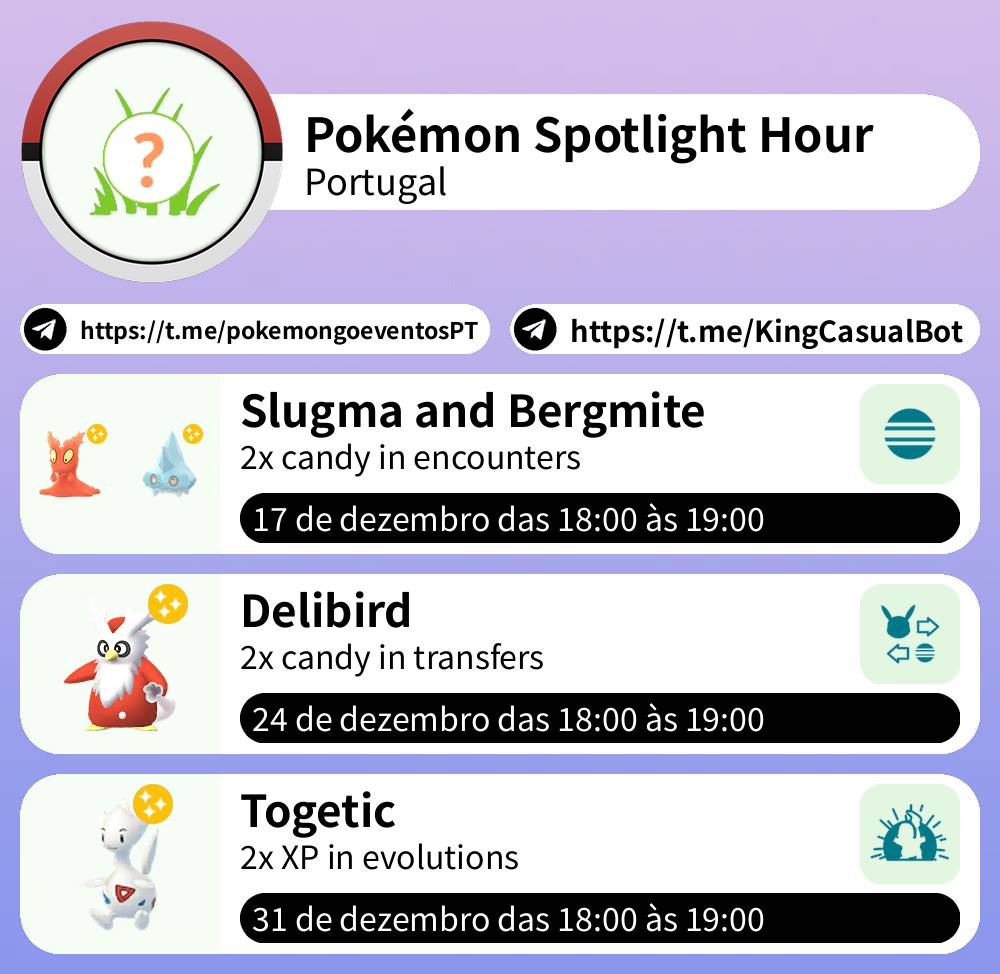 PoGOEventosPT's tweet photo. 🌠 Pokémon Spotlight Hour
Portugal

Telegram: https://t.co/6tXL8gPEpJ

#PokemonGO #Evento https://t.co/zNIrhHcaPc
