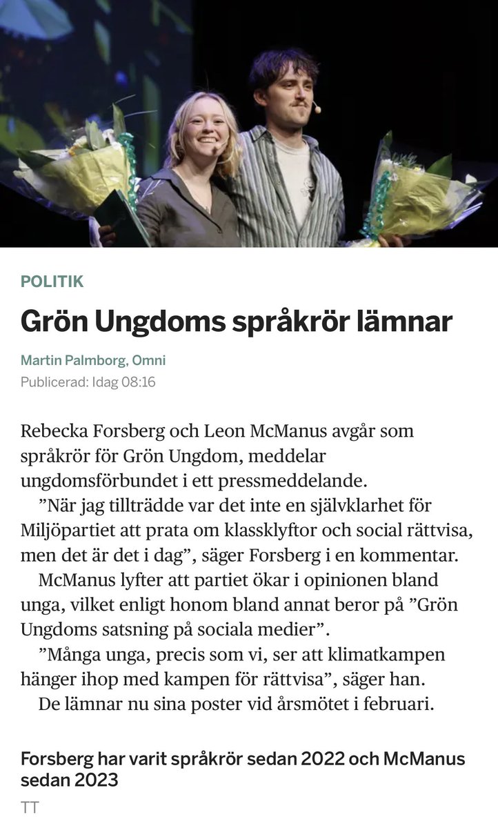 Efter tre år och två valrörelser avgår jag som språkrör för Grön Ungdom. Är stolt över mycket, men framförallt för att ha flyttat partiet vänsterut - klimatkamp kräver social rättvisa 🌏✊🏽

Tack för allt <a href="/mcmanus_leon/">Leon Mc Manus</a> &amp; @aidabadeli Det har varit en ära att få jobba med er båda ❤️