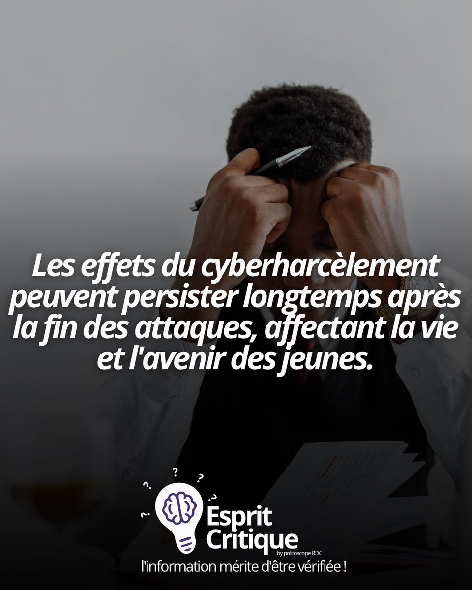 Les effets du cyberharcèlement peuvent persister longtemps après la fin des attaques, affectant la vie et l'avenir des jeunes.

ESPRIT CRITIQUE !
<a href="/Ekilaaa/">Maud-Salomé EKILA BOFUNDA</a> <a href="/central_sage/">ᏟᎬᏁᎢᏒᎪᏞ👑🇨🇩</a> <a href="/UEenRDC/">UE en RDC🇪🇺</a> <a href="/BelgiqueRDCongo/">Belgique en RDCongo</a>  <a href="/ChristianMolek3/">Christian Moleka</a>
