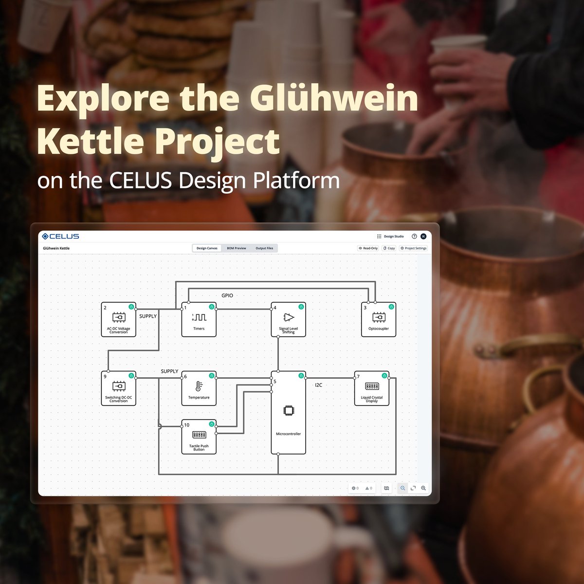 Frosty Season is Here! ☃️ Build a Glühwein Kettle with CELUS to keep drinks always ready to serve at the ideal temperature.

🎄 Add a touch of innovation to your holiday celebrations with CELUS—start your project today: app.celus.io/design-studio/…

#Christmas #circuitdesign #AI