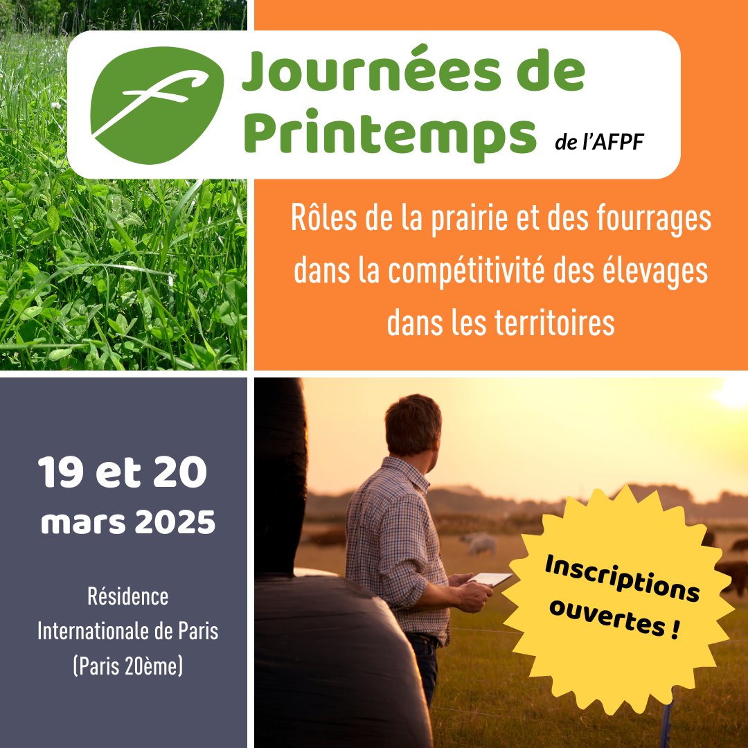 Les #JournéesDePrintemps, c'est reparti !! 🥳 Les inscriptions sont ouvertes pour nos deux jours de présentations et d'échanges sur le thème "Rôles de la prairie et des fourrages dans la compétitivité des élevages dans les territoires" 🌱🚀

En savoir + : afpf-asso.fr/journee/journe…
