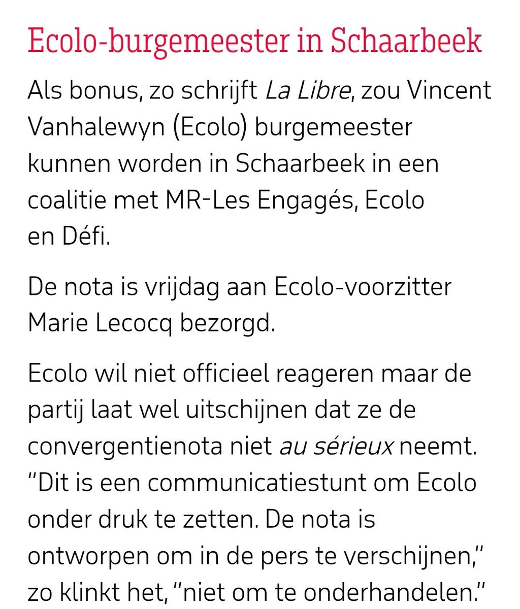 Van "Ecolo buiten" naar "jullie mogen de burgemeester leveren voor ons". Politiek, lol.

Intussen vallen letterlijk elke week doden en zwaargewonden op de Lambermontlaan. Dus stop de speeltijd en maak wat voort, jongens.