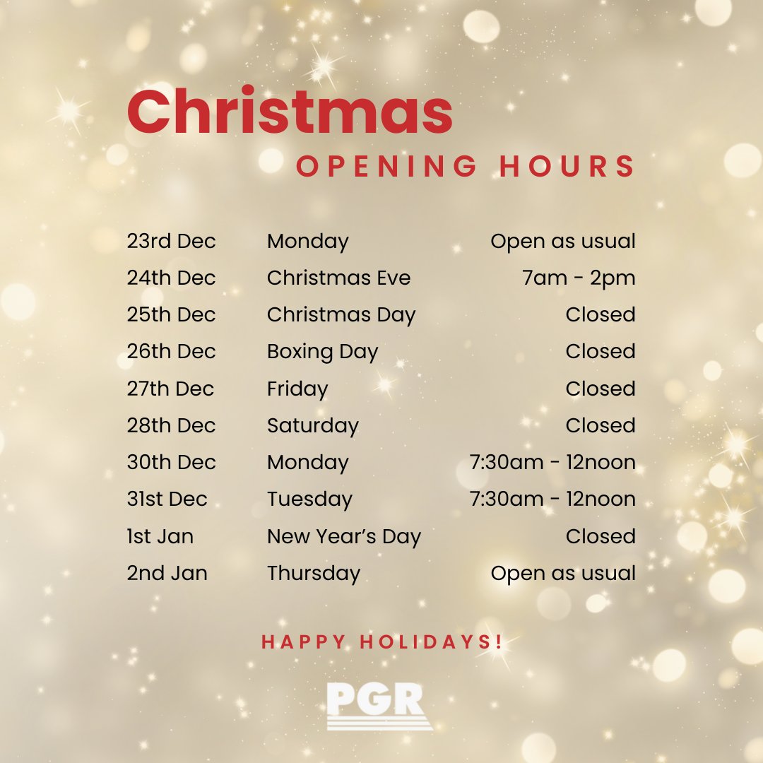 🎄🛠️ Christmas Opening Hours 🛠️🎄

Whether you’re decking the halls or fixing timber troubles, we’ve got you covered this festive season! Check our Christmas opening times to stay on top of all your building needs.

Wishing you a Merry Christmas from all of us at PGR!