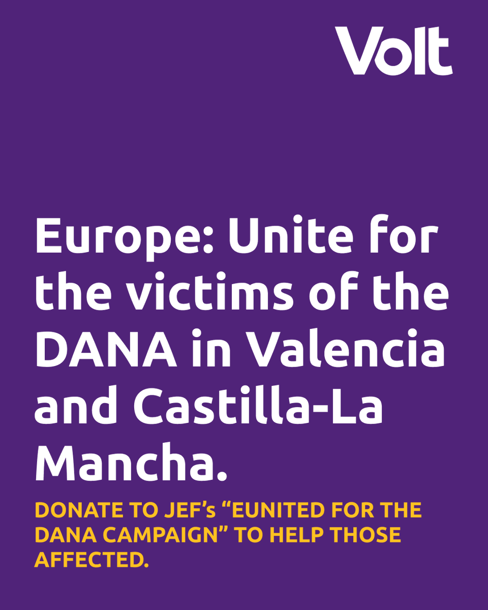 Volt Europa (@volteuropa) on Twitter photo Volt Europa and <a href="/VoltEspana/">Volt España</a> support the EUnited for the DANA campaign organised by <a href="/JEF_Europe/">Young European Federalists</a> and <a href="/JEFSpain/">JEF España</a>. Donate to help to rebuild these communities, and show that wherever you are in Europe you have the back of the affected communities.
loom.ly/6s1YAcg Volt Europa and <a href="/VoltEspana/">Volt España</a> support the EUnited for the DANA campaign organised by <a href="/JEF_Europe/">Young European Federalists</a> and <a href="/JEFSpain/">JEF España</a>. Donate to help to rebuild these communities, and show that wherever you are in Europe you have the back of the affected communities.
loom.ly/6s1YAcg