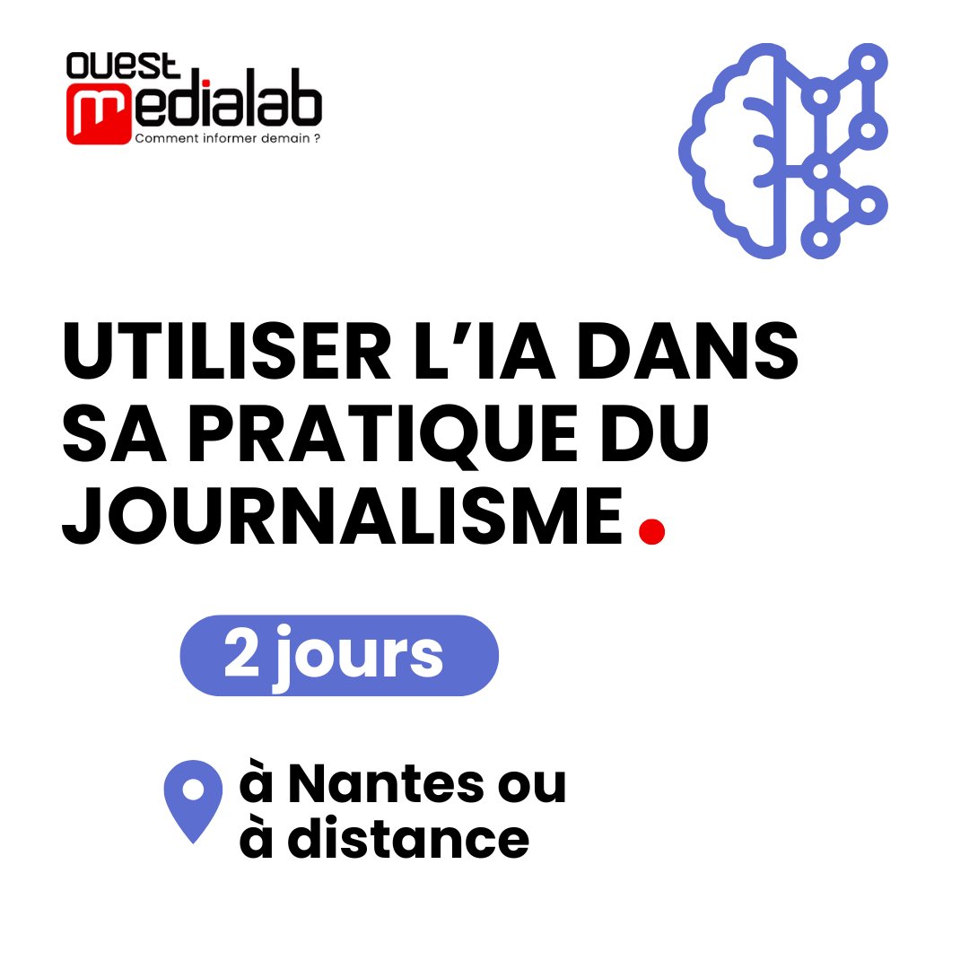 ouestmedialab's tweet photo. Journalistes, vous souhaitez apprivoiser l'IA pour vous aider dans votre travail ? Participez à notre formation axée sur la pratique pour intégrer l'IA de manière responsable dans votre quotidien.

📆4 &amp; 5 février 2025, à Nantes ou en ligne
S'informer👉https://t.co/sGmsDBHBYW https://t.co/xsDMSCXpYy
