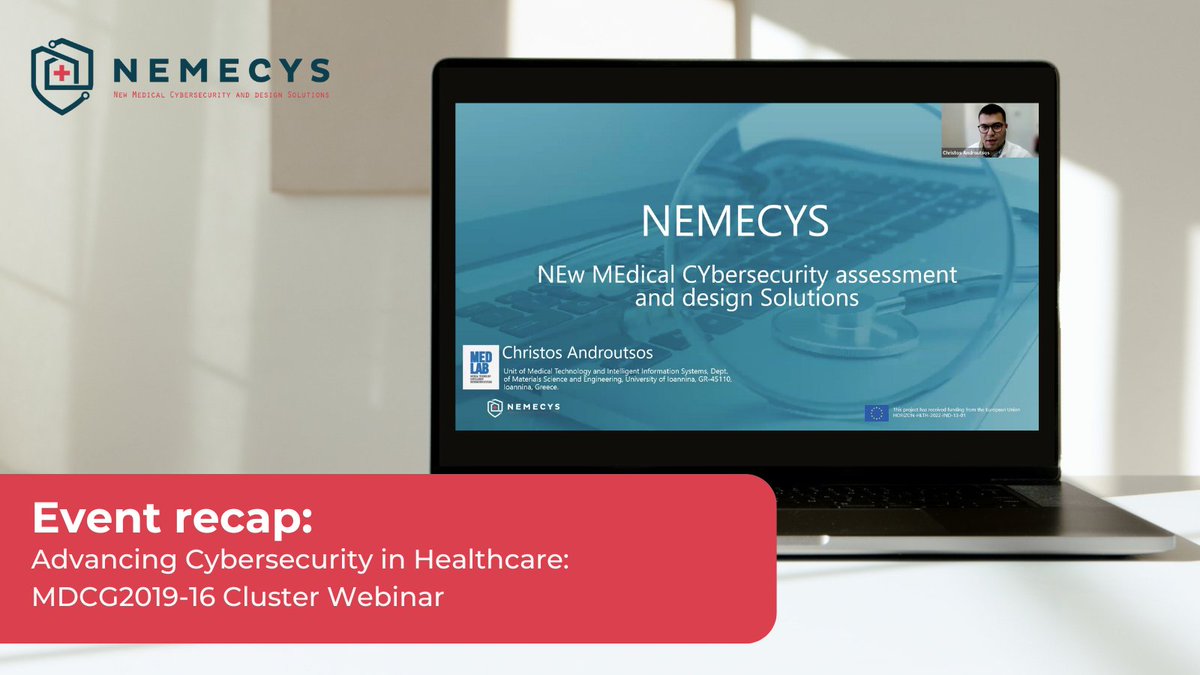 NEMECYS_eu's tweet photo. The MDCG2019-16 cluster webinar "Advancing #Cybersecurity in #Healthcare" on Nov 27, brought together @cylcomed , CYMEDSEC, ENTRUST, @medsecurance &amp; #NEMECYS_eu!

Our very own Christos Androutsos presented our project's latest developments!

See more:  https://t.co/cAtLRqOiZA https://t.co/EBg5xeh7Wh