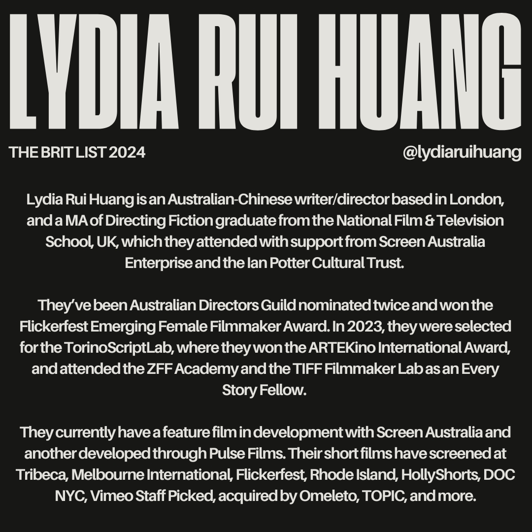 The Brit List Writers of 2024 - introducing Lydia Rui Huang ⬇️

Find out more about their work on our website : brit-list.co.uk/all-lists/the-…
@lydiarui @Theagencyldn_ #ScreenWriting #FilmandTV #WritingAwards #BritishFilmandTV #Bestof2024 #TheBritList2024