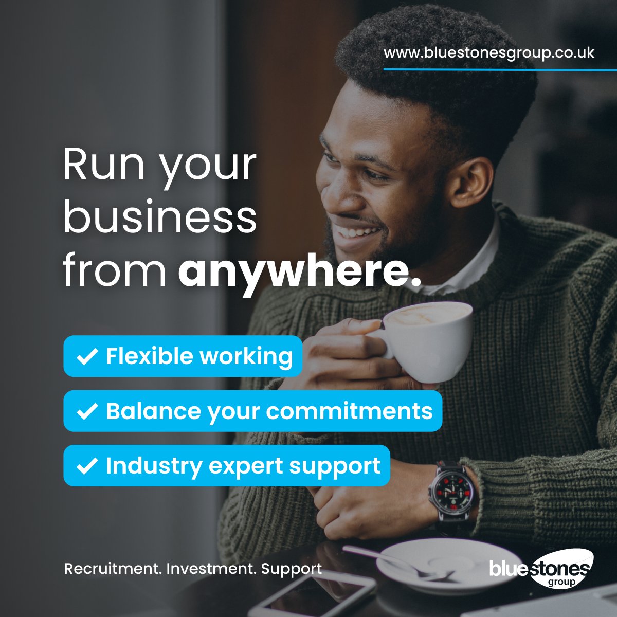 Work is a thing you do, not a place you go to. Run your business from anywhere, balance your commitments, and benefit from investment &amp; support from Bluestones to realise your dreams of creating your own recruitment agency.

#facilitatingdreams #recruitment #recruitmentstartup