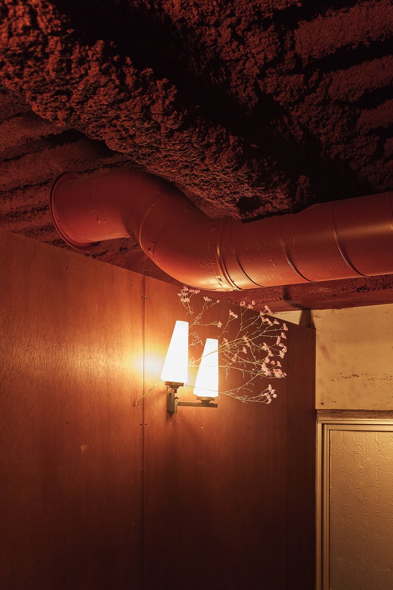 育てていく深紅のbar　-完成しない改修 - 
深紅の生物のようなダクト

photo : yasuhiro takagi