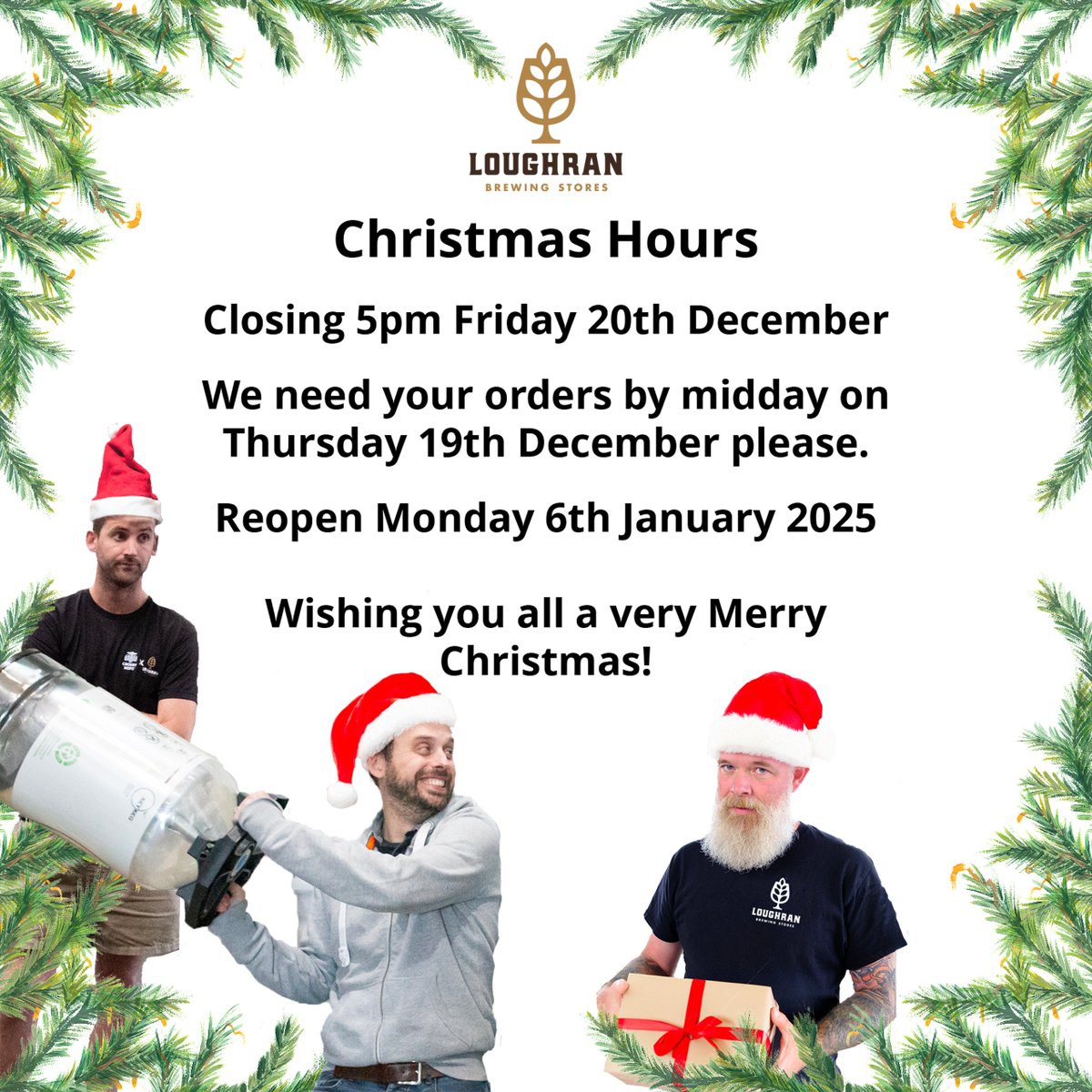 CHRISTMAS HOURS
Deets below 👇
We will be closing for the Christmas Holidays at 5pm on Fri 20th Dec.
We need your orders by midday on Thurs 19th Dec please.
We will reopen as normal on Mon 6th Jan 2025.
Wishing you all a very Merry Christmas &amp; a happy and peaceful 2025.🍺