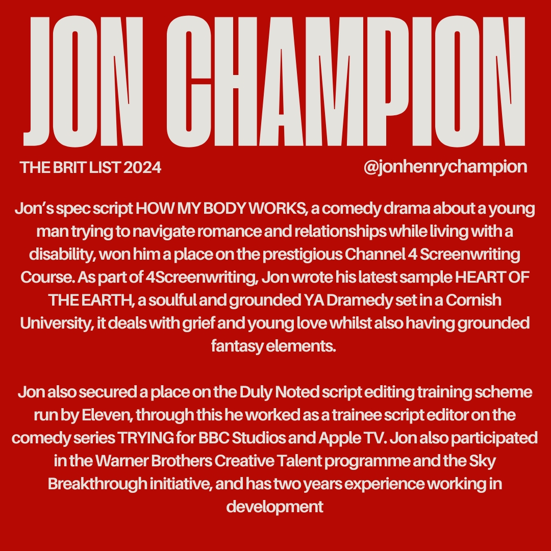 The Brit List (@brit_list) on Twitter photo The Brit List Writers of 2024 - introducing Jon Champion ⬇️
Find out more about their work on our website : brit-list.co.uk/all-lists/the-…
@jonhchampion <a href="/CBTheatreFilmTV/">Curtis Brown Theatre, Film & Television</a> #ScreenWriting #FilmandTV #WritingAwards #BritishFilmandTV #Bestof2024 #TheBritList2024 The Brit List Writers of 2024 - introducing Jon Champion ⬇️
Find out more about their work on our website : brit-list.co.uk/all-lists/the-…
@jonhchampion <a href="/CBTheatreFilmTV/">Curtis Brown Theatre, Film & Television</a> #ScreenWriting #FilmandTV #WritingAwards #BritishFilmandTV #Bestof2024 #TheBritList2024